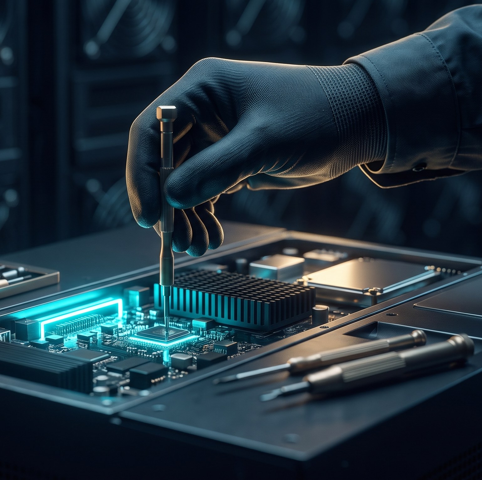 Técnico dando mantenimiento a un minero ASIC